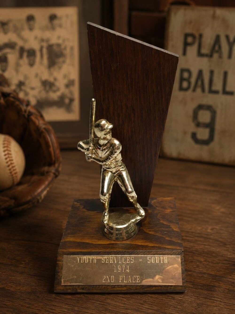 Vintage Youth Services South 1974 2nd Place Trophy Wood Gold Baseball Softball